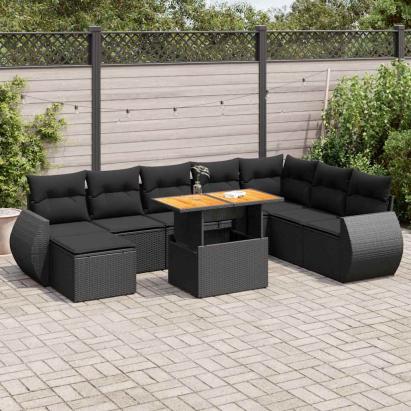 Set mobilier de grădină cu perne, 9 piese, negru, poliratan GartenMobel Dekor