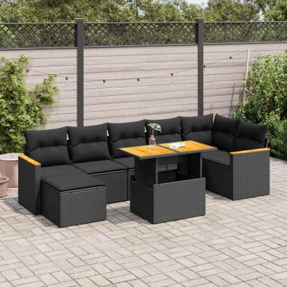 Set mobilier grădină perne 8 piese negru, poliratan/lemn acacia GartenMobel Dekor
