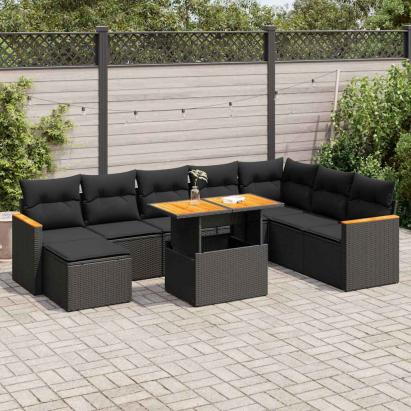 Set mobilier grădină perne 9 piese negru poliratan/lemn acacia GartenMobel Dekor