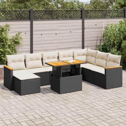 Set mobilier grădină perne 9 piese negru poliratan/lemn acacia GartenMobel Dekor