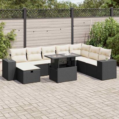 Set mobilier de grădină cu perne, 9 piese, negru, poliratan GartenMobel Dekor