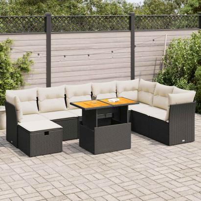 Set mobilier grădină perne 9 piese negru poliratan/lemn acacia GartenMobel Dekor