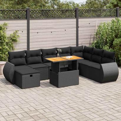 Set mobilier grădină perne 9 piese negru poliratan/lemn acacia GartenMobel Dekor