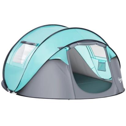 Cort camping, 4 persoane, impermeabil, tip igloo, cu 2 ferestre, 2 intrari, husa, deschidere automata, albastru deschis si gri, 286x209x122 cm GartenVIP DiyLine