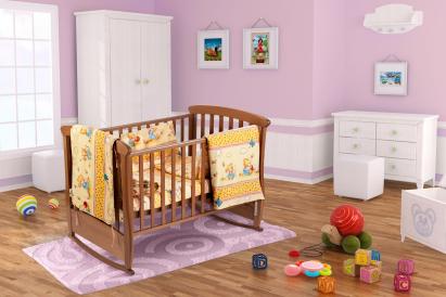 Set pentru patut bebe, Somnart, cearceaf cu elastic pentru saltea 60x120x10, pernuta 37×55, pilota 100×105, aparatori 180x45, model Honey Relax KipRoom