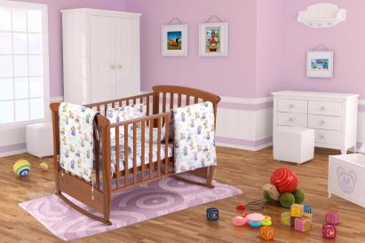 Set pentru patut bebe, Somnart, cearceaf cu elastic pentru saltea 60x120x10, pernuta 37×55, pilota 100×105, aparatori 180x45, model Ursuleti Relax KipRoom