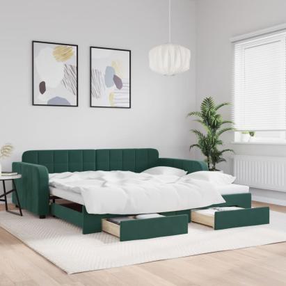 Pat de zi cu extensie și sertare verde închis 100x200cm catifea GartenMobel Dekor