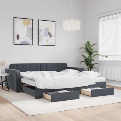 Pat de zi cu extensie și sertare gri închis 100x200cm catifea GartenMobel Dekor