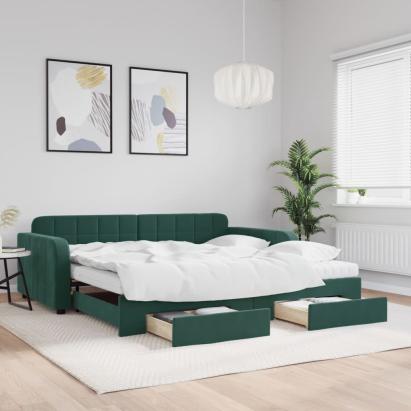 Pat de zi cu extensie și sertare verde închis 100x200cm catifea GartenMobel Dekor