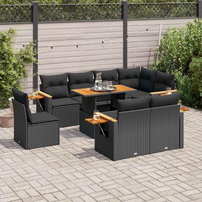 Set mobilier grădină perne 9 piese negru poliratan/lemn acacia GartenMobel Dekor