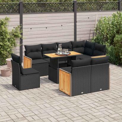 Set mobilier grădină perne 9 piese negru poliratan/lemn acacia GartenMobel Dekor