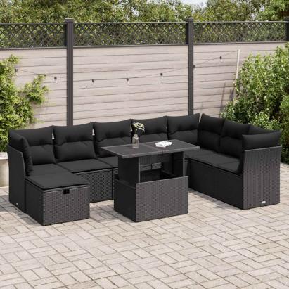 Set mobilier de grădină cu perne, 9 piese, negru, poliratan GartenMobel Dekor