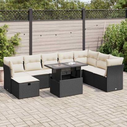 Set mobilier de grădină cu perne, 9 piese, negru, poliratan GartenMobel Dekor