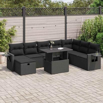Set mobilier de grădină cu perne, 9 piese, negru, poliratan GartenMobel Dekor