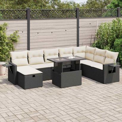Set mobilier de grădină cu perne, 9 piese, negru, poliratan GartenMobel Dekor