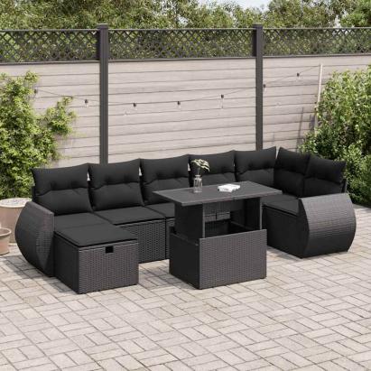 Set mobilier de grădină cu perne, 8 piese, negru, poliratan GartenMobel Dekor