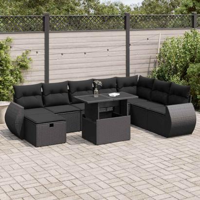 Set mobilier de grădină cu perne, 9 piese, negru, poliratan GartenMobel Dekor