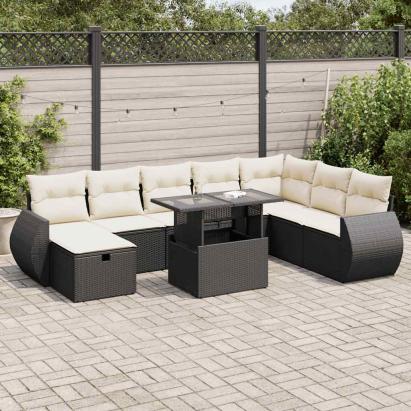 Set mobilier de grădină cu perne, 9 piese, negru, poliratan GartenMobel Dekor
