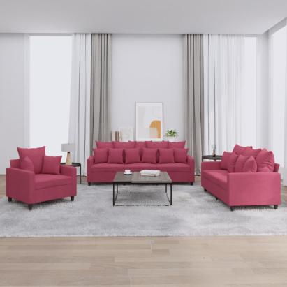Set canapea cu perne, 3 piese, roșu vin, catifea GartenMobel Dekor