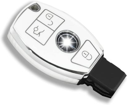 Husa Cheie Mercedes Benz, 3 Butoane, Smartkey, Alb cu contur silver, Tpu AutoProtect KeyCars