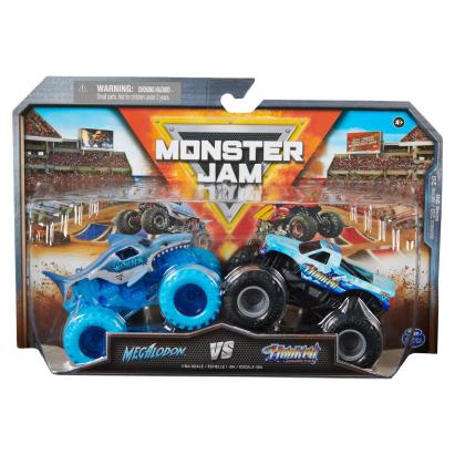 MONSTER JAM SET 2 MASINUTE METALICE MEGALODON SI HOOKED SCARA 1:64 SuperHeroes ToysZone