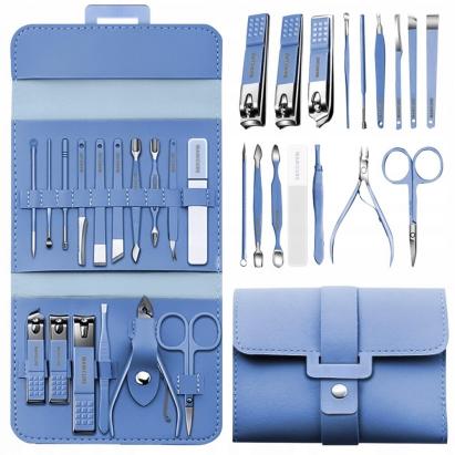 Set Manichiura si Pedichiura 16-in-1 cu plic din piele ecologica, model "MANI-CUT BLUE", culoare Albastra FAVLine Selection