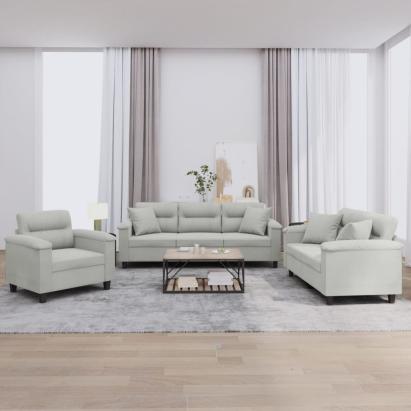 Set de canapele cu perne, 3 piese, gri deschis, microfibră GartenMobel Dekor