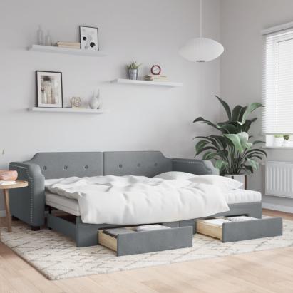 Pat de zi cu extensie și sertare, gri deschis 100x200 cm textil GartenMobel Dekor