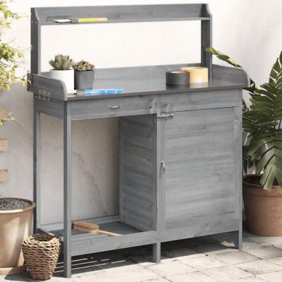 Masă plantare cu dulap, gri, 110,5x45x124,5 cm lemn masiv brad GartenMobel Dekor