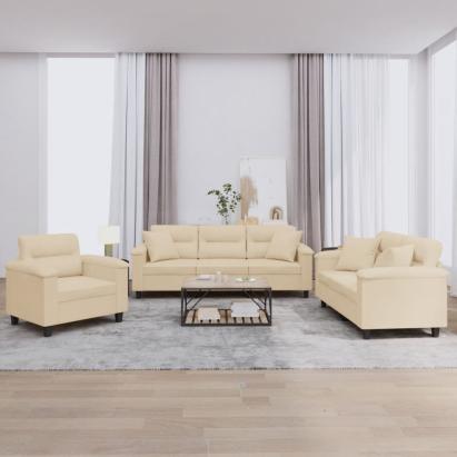 Set de canapele cu perne, 3 piese, crem, microfibră GartenMobel Dekor
