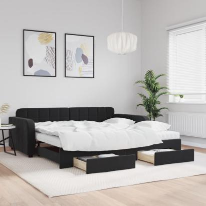 Pat de zi cu extensie și sertare, negru, 100x200 cm, catifea GartenMobel Dekor