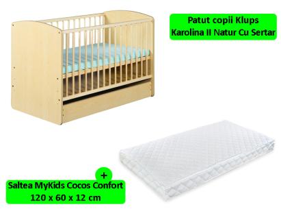 Patut cu Sertar KLUPS Karolina II Natur + Saltea 12 MyKids Confort II GreatGoods Plaything