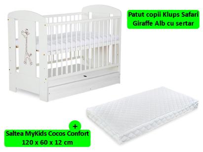 Patut cu sertar KLUPS Safari Giraffe Alb + Saltea 12 MyKids Confort II GreatGoods Plaything