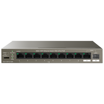 Switch 8 porturi Gigabit PoE, 1 port Uplink Gigabit, 1 port SFP Uplink Gigabit - Tenda TND-TEG1110PF-8-102W SafetyGuard Surveillance