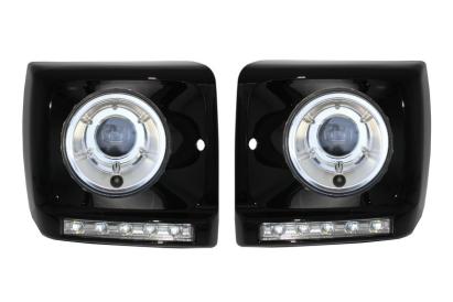 Carcasa Faruri cu Lumini de zi dedicate LED DRL Chrome Mercedes G-class W463 (1989-2012) G65 Design Negru cu Faruri Crom Bi-Xenon Performance AutoTuning