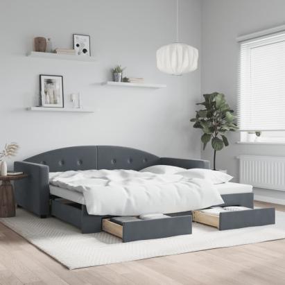 Pat de zi cu extensie și sertare gri închis 100x200cm catifea GartenMobel Dekor