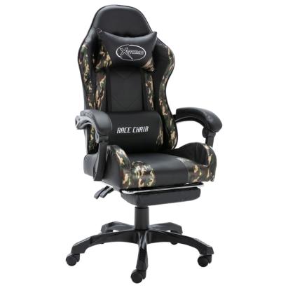 Scaun de jocuri cu taburet, negru și camuflaj, piele ecologică GartenMobel Dekor