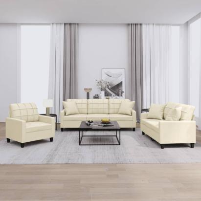 Set de canapele cu perne, 3 piese, crem, piele ecologică GartenMobel Dekor