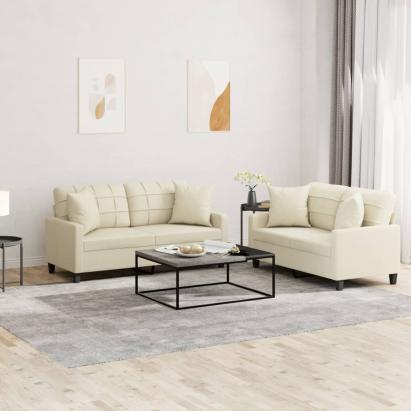 Set de canapele cu perne, 2 piese, crem, piele ecologică GartenMobel Dekor