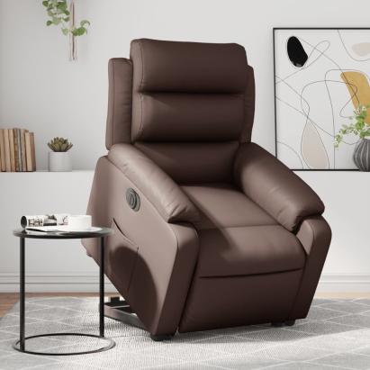 Fotoliu rabatabil electric cu ridicare, maro, piele ecologică GartenMobel Dekor