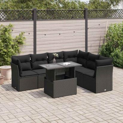 Set canapele de grădină cu perne, 7 piese, negru, poliratan GartenMobel Dekor