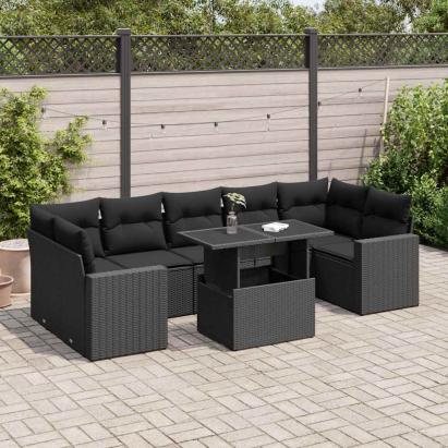 Set mobilier de grădină cu perne, 8 piese, negru, poliratan GartenMobel Dekor