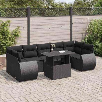 Set mobilier de grădină cu perne, 8 piese, negru, poliratan GartenMobel Dekor