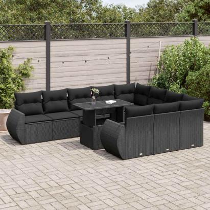 Set canapele de grădină cu perne, 11 piese, negru, poliratan GartenMobel Dekor