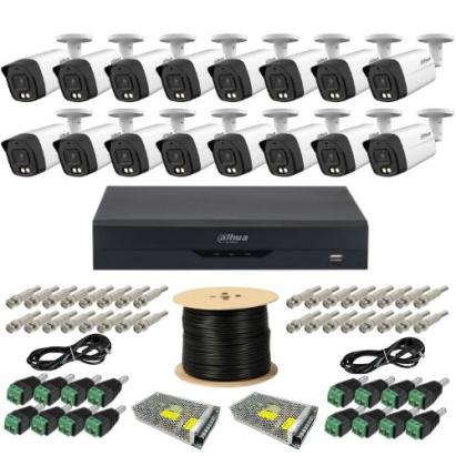 Kit supraveghere profesional Dahua 16 camere Dual Light 5MP Microfon IR 40m,  DVR 16 canale 5MP WizSense si accesorii montaj SafetyGuard Surveillance