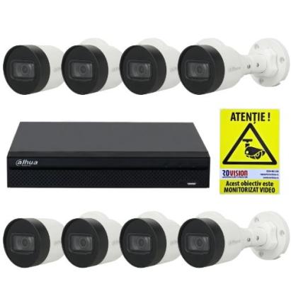 Kit supraveghere IP Dahua pentru exterior 8 camere 2MP PoE Infrarosu 30m IP67  Lentila 2.8mm si NVR 8 canale PoE 2MP SMD Plus + Autocolant ROVISION SafetyGuard Surveillance