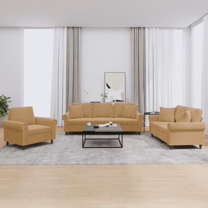 Set de canapele cu perne, 3 piese, maro, catifea GartenMobel Dekor