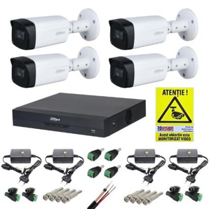 Kit supraveghere 4K Dahua 4 camere IR 40m IP67, DVR WizSense 4 canale 4K-N/5MP, accesorii montaj+cadou autocolant ROVISION SafetyGuard Surveillance