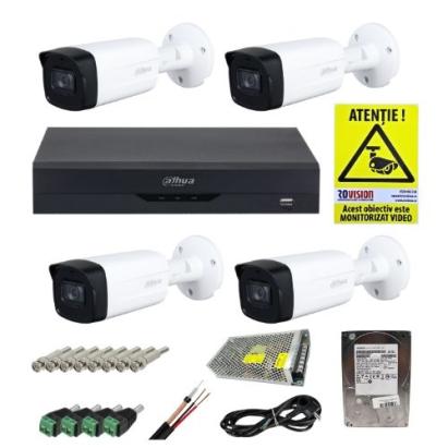 Kit supraveghere profesional Dahua 4 camere 2MP IR 40m IP67, DVR 4 canale WizSense 5MP, HDD 1TB, accesorii montaj si autocolant ROVISION SafetyGuard Surveillance