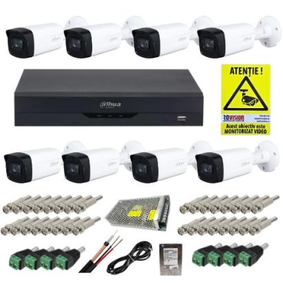 Kit supraveghere profesional Dahua 8 camere 2MP IR 40m IP67, DVR 8 canale WizSense 5MP, HDD 1TB, accesorii montaj si autocolant ROVISION SafetyGuard Surveillance